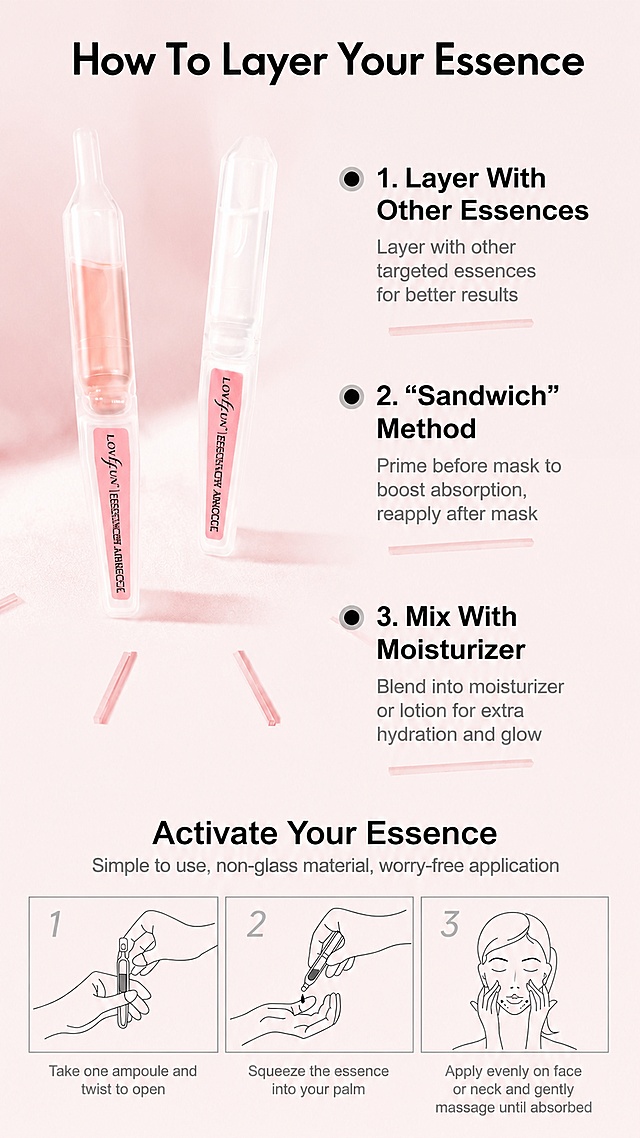 [Screenshot 4] Multiple Usage Methods Screen - Introduce three common usage methods of ampoule essence. This screen uses [image1] as product reference.
[Atmosphere/Style] Clear instructional aesthetic, soft pink background, step-by-step information design, easy to understand.
[Element Layout] Three usage methods are arranged vertically, each method is a separate section: title + description; product picture is placed on the left side of the top, consistent with the product appearance in the original image, accounting for 30% of the screen; the right side is the three method information; each method uses bullet points for identification, the title is bold, and the description is placed below; keep the overall layout consistent with the original picture.
[Light and Shadow Texture] Soft even light, clear layering, product picture with soft natural shadow.
[Color Matching] Global background color #f8f1f3; main title black, description dark gray, consistent color with the original style.
[Perspective Composition] Vertical step-by-step layout, reading flow: top product → three methods from top to bottom, clear hierarchy.
[Text Layout] Main title at the top "How To Layer Your Essence", three methods: 1. Layer With Other Essences: Layer with other targeted essences for better results; 2. "Sandwich" Method: Prime before mask to boost absorption, reapply after mask; 3. Mix With Moisturizer: Blend into moisturizer or lotion for extra hydration and glow; all text translated to English, no Chinese characters, clear and readable.
[Proportion Resolution] 9:16 vertical ratio, 4K resolution, clear text, high-definition image quality.
[Negative Prompt] Product deformation, color distortion, Chinese characters, text confusion, layout disorder, blurry product