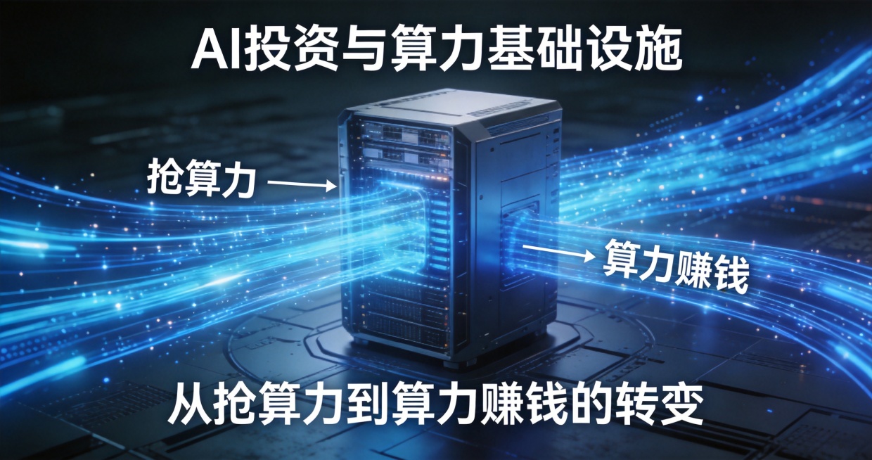 AI投资与算力基础设施概念图，一台巨型服务器与闪烁的算力流线，象征从抢算力到算力赚钱的转变预览效果