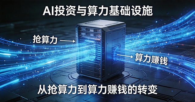 AI投资与算力基础设施概念图，一台巨型服务器与闪烁的算力流线，象征从抢算力到算力赚钱的转变