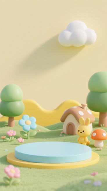 展台背景，3D渲染风格，整体采用柔和的淡黄色作为主色调，搭配浅绿色和浅蓝色形成和谐的色彩组合，具有明亮、温馨、治愈的氛围。画面中包含圆润造型的绿色树木、浅棕色蘑菇屋、黄色波浪形山丘、浅蓝色花朵、粉色小花、橙色蘑菇，以及一个黄色的兔子玩偶。中央是一个浅蓝色的圆形展台，展台边缘为黄色。背景简洁，上方有一朵白色的云朵，整体光影柔和，阴影细腻，物体表面光滑，具有卡通化的可爱质感，构图层次分明，营造出梦……预览效果