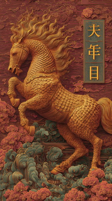 马年新春贺岁海报核心元素：主角刻画一匹身披鳞甲般的琥珀色天马，通体折射琉璃光彩，足踏祥云，鬃尾如熔金流泻，展现神骏超凡之态色彩基调：以故宫红墙深赭为底，叠衬暗金云纹与牡丹叠色，营造富丽堂皇的宫殿贺岁场预览效果