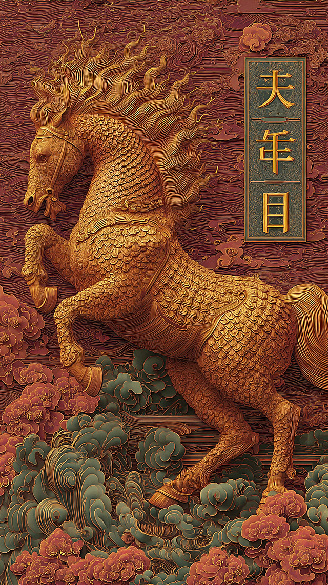 工笔风与重拟物风融合，鎏金浮雕骏马踏云而行，古典中式美学尽显奢华神圣，金属质感凸显体积感，祥云牡丹烘托“天年日”节日氛围。