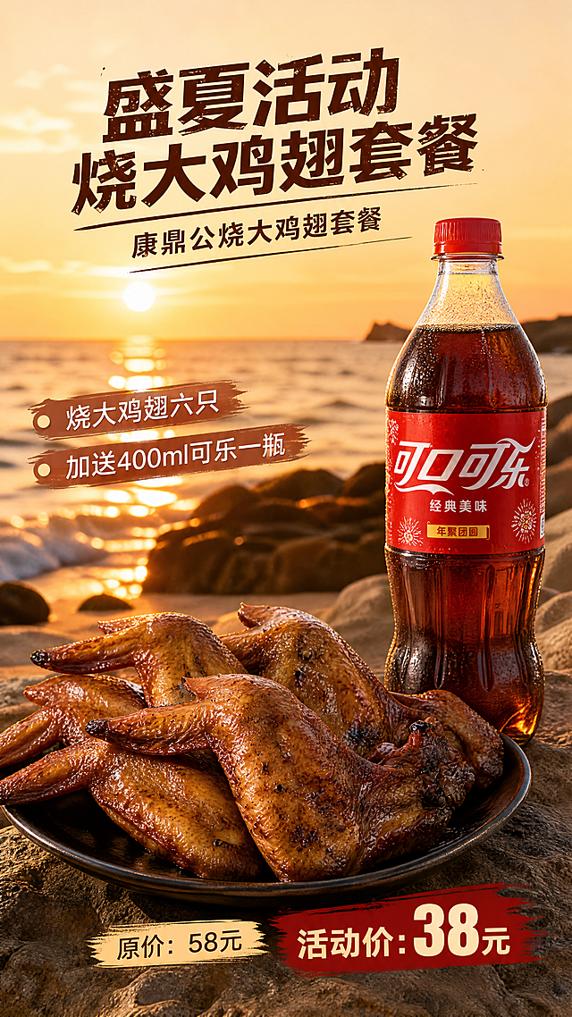 真实产品拍摄风格广告海报，背景是海边落日和海浪，整体风格自然不僵硬，突出产品，广告词分布不要太集中。画面包含以下全部产品：图1到图6一共6只康鼎公烧大鸡翅，图7一瓶400ml可口可乐，鸡翅100%还原上传图片的外形、颜色、纹理和质感，可乐100%还原上传图片的瓶型、标签、文字、颜色和包装。画面必须包含以下文字，文字不遮挡产品主体：主标题"盛夏活动 烧大鸡翅套餐"，副标题"康鼎公烧大鸡翅套餐"，卖点文案"烧大鸡翅六只"，"加送400ml可乐一瓶"，"原价：58元"，"活动价：38元"。整体是真实商业摄影，海边落日暖光氛围，焦香鸡翅搭配冰爽可乐，版式精美，色彩自然，主次分明，食欲感满满，海边落日海浪背景。