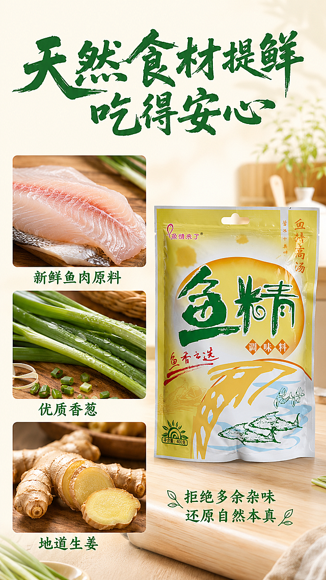 [第2屏] 天然食材提鲜卖点展示。
[氛围/风格] 温馨厨房风，真实食材质感，柔和自然光，干净通透，家常烟火气。
[元素布局] 左侧三张小图纵向排列，分别展示新鲜鱼肉、香葱、生姜，右侧放置产品包装袋，保持包装袋上所有文字及图形信息细节与输入产品图完全一致，不做任何修改。左侧食材微距特写，纹理清晰真实，右侧产品占画面45%区域，上下留出文字区域。整体无边框满铺，三层视觉层次。
[光影质感] 顶部柔和主光，食材和产品都有自然明暗层次，阴影柔和不突兀，整体干净真实。
[配色色系] 全局底色：#FFF9F0（暖米黄）；主体配色：#F9E076+#3A7D34+#FFFFFF；辅助色：#3A7D34+#D9534F。复用首屏配色。
[视角构图] 左文右图，左侧三图纵向+右侧产品，平视视角，景深适中。
[文字版式] 顶部大标题"天然食材提鲜 吃得安心"，标题字形提取自包装书法风格，全套复用，字色统一使用深绿色#3A7D34，纯色填充，全套沿用此字色和字效。标题下方左侧三张食材图，每张图下方配小字标签："新鲜鱼肉原料"、"优质香葱"、"地道生姜"。右侧产品旁标注卖点："拒绝多余杂味 还原自然本真"，深绿色小字。字形遵循：标题书法风格，正文同家族字体，字色仅深绿一种，纯色填充，和首屏保持一致。
[比例分辨率] 9:16 竖版比例，宽度1080px，高度1920px，分辨率2K，文字清晰可辨，超高清。
[负向提示词] 产品包装变形，文字错乱，改变原有包装文字图形，水印，产品图模糊，背景杂乱，错别字