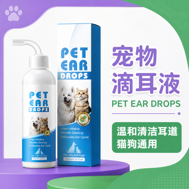 [主图]宠物猫狗滴耳液主图，去除产品包装上所有品牌logo保留原文字信息，按照第四张图紫绿撞色风格进行设计，产品瓶子和包装盒左右并排居中展示，左侧产品右侧文案排版，文字为"宠物滴耳液 PET EAR预览效果