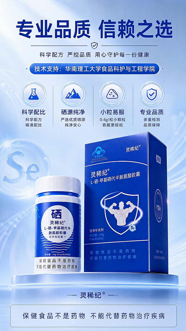 [第5张] 详情页技术背书页 - 专业品质保障展示。本张使用【图1】作为商品主体，【图4】作为背书参考。
[氛围/风格] 权威专业风，信任背书感，科技高端质感。
[元素布局] 产品包装盒与瓶身置于画面中下位置，占比约45%；上方为技术背书区域；背景为渐变蓝色，带有Se元素大图标和简约线条装饰，营造专业科研氛围。产品外观与输入图一致。
[光影质感] 顶部柔光打下，产品立体清晰，整体高端大气。
[配色色系] 全局底色 #E3F0FF 浅蓝渐变；主色深蓝 #0052D9；辅助色白色、银色光效。
[视角构图] 正面微仰视，上下布局，阅读动线顶部标题 → 中部背书内容 → 底部产品。
[文字版式] 顶部主标题「专业品质 信赖之选」深蓝色粗体大字；中间飘带式横幅标注技术支持信息；下方四个品质图标+文字：「科学配比」「硒源纯净」「小粒易服」「专业品质」；底部产品旁标注品牌名「灵稀纪」；最底部合规提示「保健食品不是药物 不能代替药物治疗疾病」。文字清晰工整无畸变。
[比例分辨率] 9:16 竖版比例，4K 分辨率，文字清晰可辨，高清画质。
[负向提示词] 产品变形，文字错乱，水印，虚假认证，绝对化用语，医疗宣称，颜色偏差。
