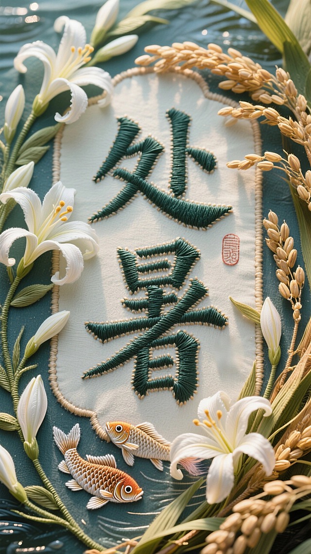 刺绣工艺，中间是“处暑” 刺绣文字，四周有玉簪花、小鱼、稻穗刺绣图案，传统刺绣工艺与现代国潮艺术融合