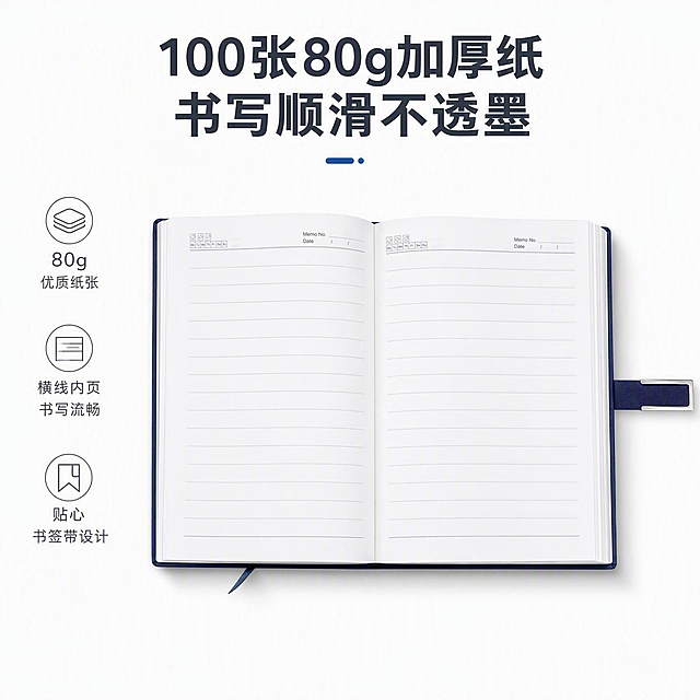 [主图-3] 材质结构与内页细节展示，主题为100张80g加厚纸张 书写不透墨，突出纸张品质与内页设计。
[统一基调] 整体风格简洁大方商务专业，以白色为背景主色，浅色基调；标题字色为深灰色，辅助字色为中灰色，强调色为宝蓝色；字体为无衬线粗体商务字体，字号层级分明；卡片与图标采用细线条极简样式，无边框厚重底板。
[画面] 画面中央展示一本摊开的宝蓝色笔记本，平摊视角略微俯视，展示左右两页内页；主体占比约70%；内页为白色纸张，带有清晰的横线格，页面顶部有日期和编号栏设计；纸张边缘整齐，能看出纸张厚度；笔记本右侧的蓝色搭扣自然翻开；背景为纯白色，下方有柔和接触阴影。
[光影质感] 商业摄影质感，均匀柔和的顶光，让内页纸张清晰明亮，无明显反光；体现80g纸张的厚实感和平整度；整体光线干净通透。
[配色] 背景纯白色，内页白色纸张+浅灰色横线，宝蓝色封面；文字深灰色与宝蓝色；整体浅色基调，不出现黑色和金色配色。
[文字版式] 画面上方主标题「100张80g加厚纸 书写顺滑不透墨」，深灰色粗体大字；画面左侧竖向排列三个细节卖点：「80g优质纸张」「横线内页 书写流畅」「贴心书签带设计」，每个配极简线条图标，中灰色字体；文字放在负空间，不遮挡内页主体。
[输出要求] 1:1正方形比例，内页清晰，纸张纹理真实，文字清晰可读；负向：产品变形、纸张褶皱、黑色金色配色、模糊、水印、平台Logo、杂乱背景。