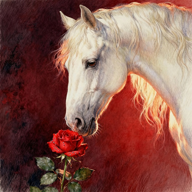 根据第一幅图，修改白马眼睛睁开，玫瑰花从保留