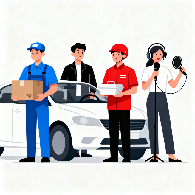 扁平风格插画，包含快递员、网约司机、外卖员、网络主播四个不同职业人物，画面干净简洁，色彩明快，扁平化设计，矢量风格预览效果