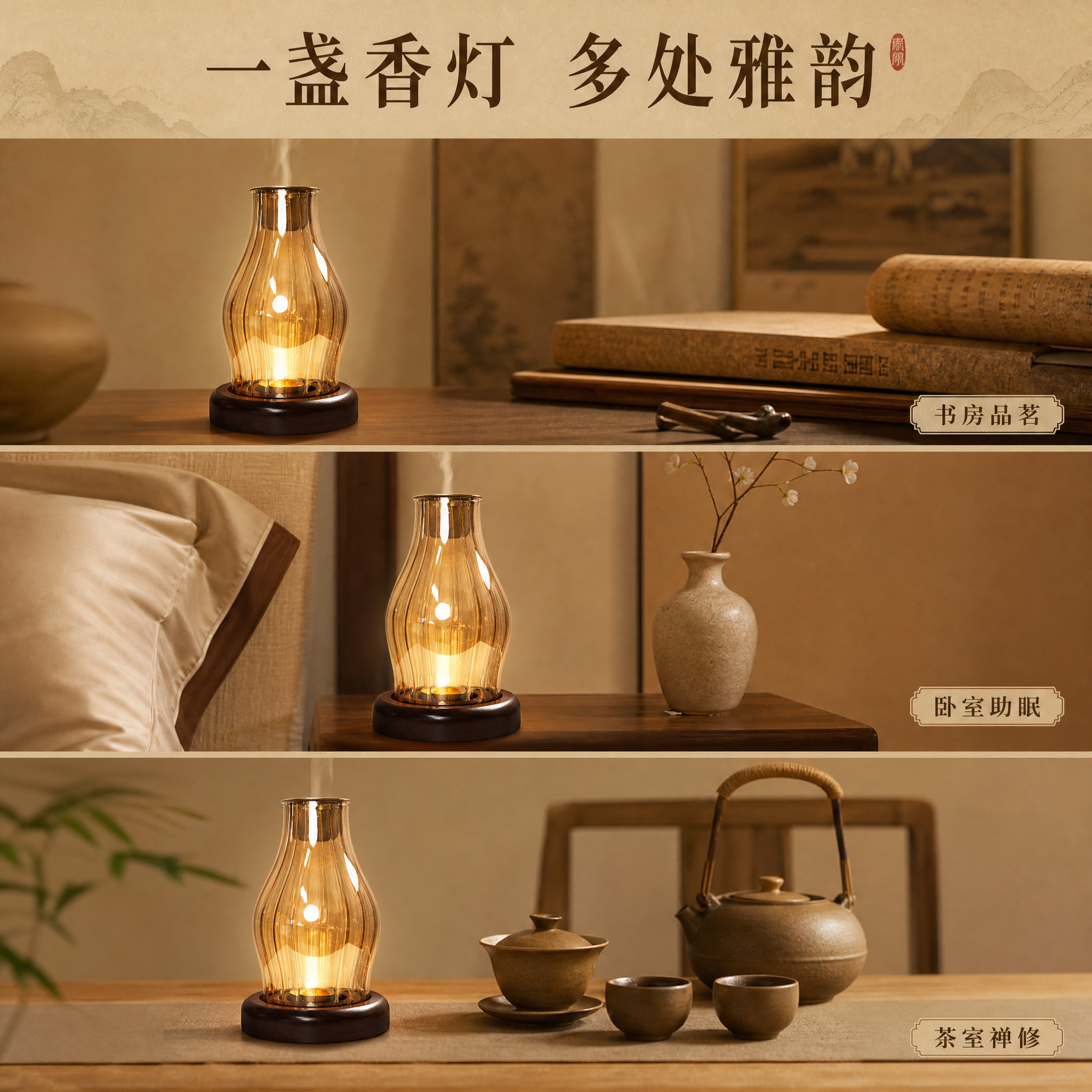 [主图-4] 沉香熏香灯多场景适配展示，体现使用场景与氛围价值… - 图片创意预览