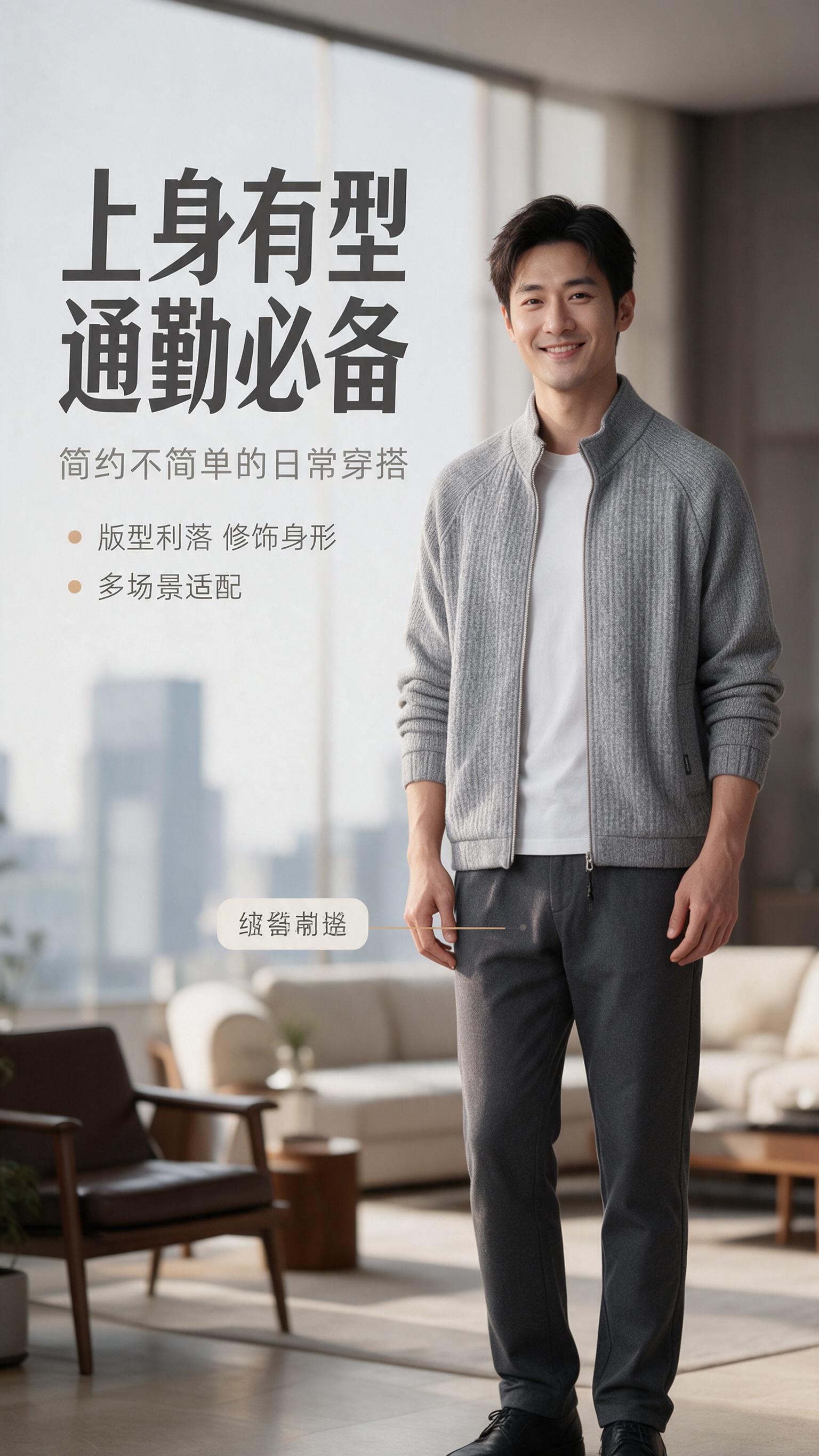 [商品] 使用【图1】男士灰色立领针织拉链开衫；商品处理：保留… - 图片创意预览
