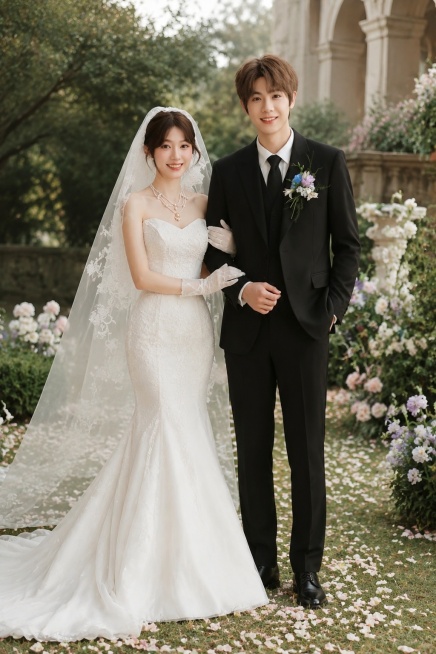 将图片中的婚纱照修改为：男女生搂着手腕，女生穿着鱼尾婚纱，男生身材高挑，穿着西装，头身比例合适，背景为后花园，地面有花瓣，场景唯美，要有真实感，保留人物的面部特征预览效果