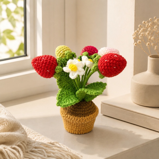 [Product 2 - Strawberry Potted] Scene display. Handmade crochet strawberry potted placed on modern m预览效果