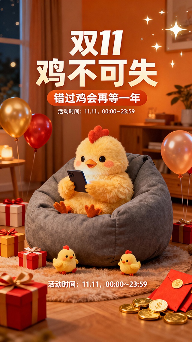 作品以温馨居家场景展现“双11夜购”氛围，小鸡在暖灯下抢购好物，象征幸福生活的甜蜜瞬间。前景的红包与金币强化节庆喜悦，画面温暖治愈。标题运用“鸡”与“机”的谐音趣味，巧妙融合幽默与节日热度，让观众在轻松愉快中感受购物的快乐与好运。