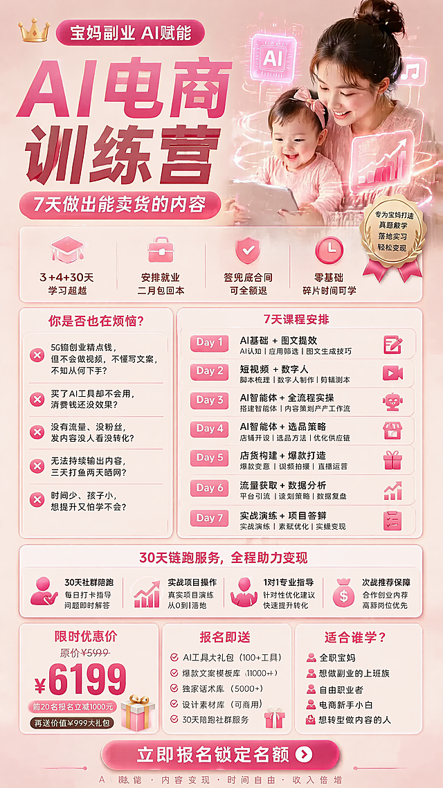 基于深蓝色科技版海报重新创新设计，保留全部正确文案内容，整体改成暖粉色温馨色调，恢复宝妈带娃温馨主视觉，融合AI科技发光元素，保持信息分区不变，调整配色为暖粉色系，提升温暖亲和质感，修正所有文字错误，保持9:16竖版，4K高清画质，排版精美，所有文字清晰可读
