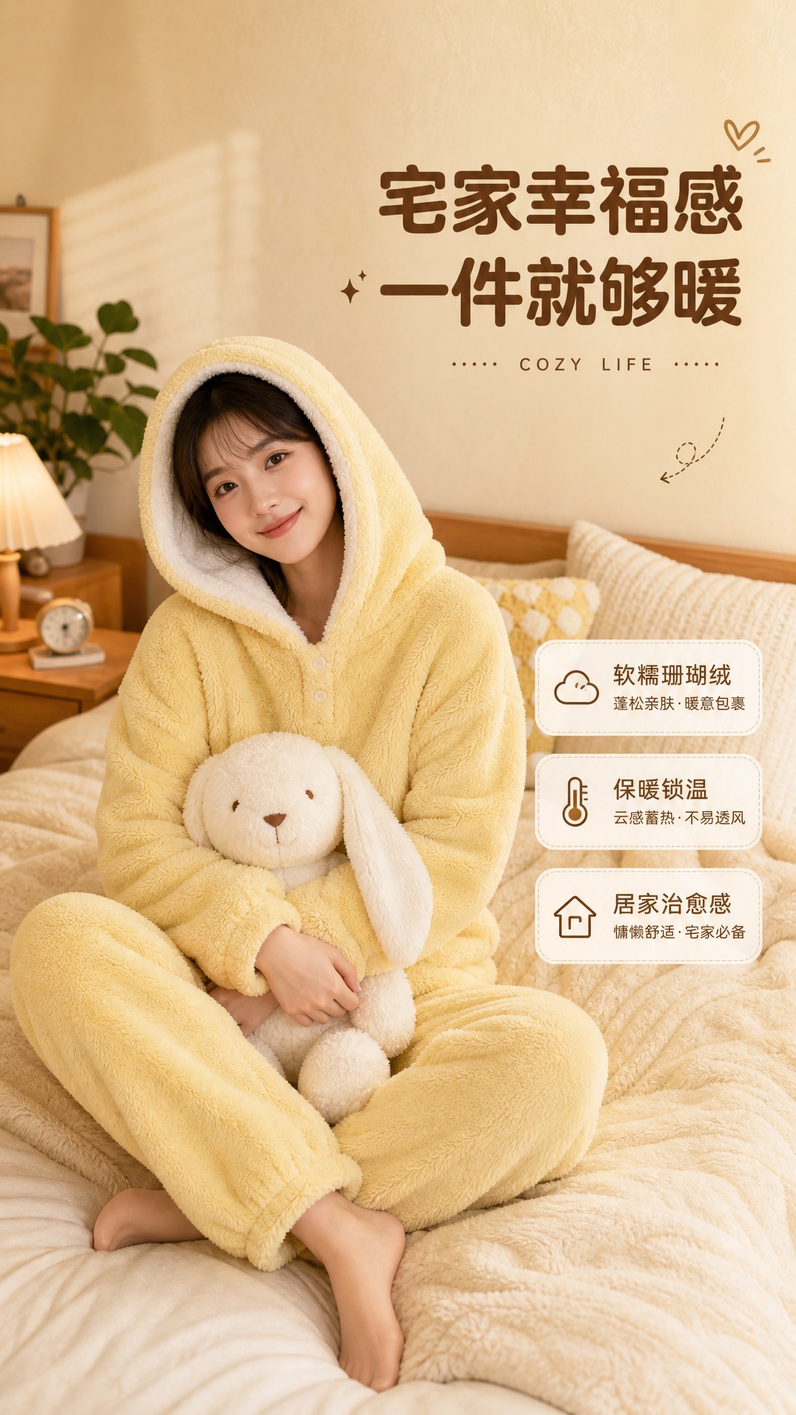 [商品] 使用【图1】奶黄色连帽珊瑚绒睡衣套装；商品处理：保留… - 图片创意预览