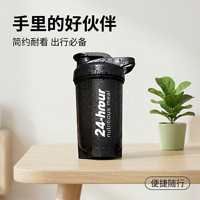 [垫图] https://gdesign-dam-hz.dancf.com/35888543614097500/cc05ab921a6746739df1facc02a82a80.jpg
[主图主题] 黑色运动水杯抖音主图首图
[氛围/风格] 舒适简约家居治愈风格 柔和自然光
[画面元素] 黑色运动水杯居中放置于浅米色原木茶几上 杯身保留原产品所有细节和文字 周围点缀一株小型绿植 柔和漫反射光影 背景是干净浅白色墙面 产品主体占比约60% 画面干净通透无冗余元素
[配色色系] 主色调：高级黑 米白原木色；辅助色：浅绿 柔和暖调
[视角构图] 平视角拍摄 景深适中 背景虚化突出主体
[文字版式] 左上角大字体文案 "手里的好伙伴" 副标题 "简约耐看 出行必备" 右下角胶囊标签 "便捷随行" 字体为干净无衬线体 黑色字体 整体采用"主体居中+文字悬浮"布局 文字不遮挡产品主体 画面留白舒适呼吸感强