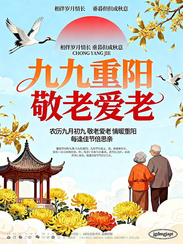 国潮风插画，融合水墨与鎏金元素，大字风标题突出“敬老爱老”主题，中式亭台、菊花与仙鹤营造古典温馨氛围，传递重阳节喜庆敬老之情。