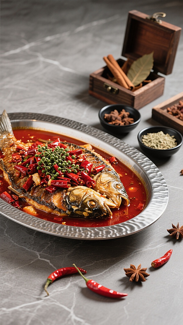 高清美食摄影风格，特写镜头展现一个银色波纹金属烤鱼盘，盘中盛放着红亮沸腾的麻辣烤鱼，鱼身覆盖大量干辣椒、青花椒和红色酱汁，肉质鲜嫩，汤汁浓郁。背景为灰色石质台面，左侧有一个打开的木质香料盒，内有肉桂和香叶，旁边摆放两个黑色小碗，分别装有八角和混合香料，台面散落几颗完整的红辣椒和八角，整体光影柔和，突出食物的质感与色彩对比，营造出浓郁诱人的中式川菜氛围，无文字和LOGO。
