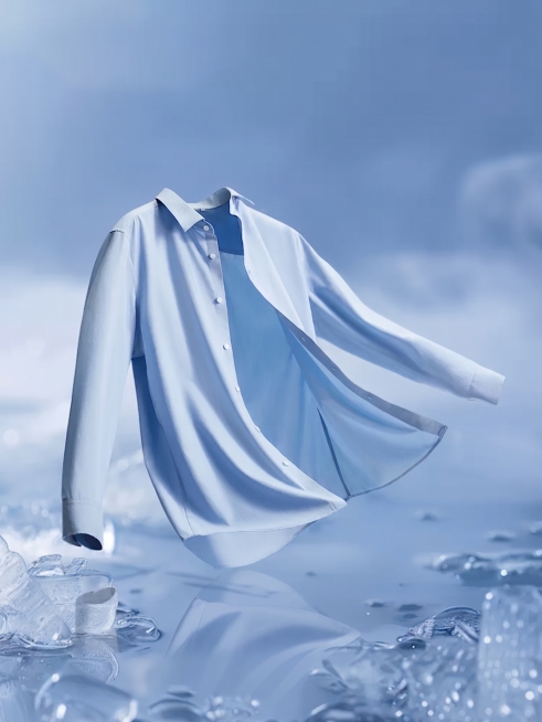 将图中衣服替换为第一张浅蓝色衬衫，保持当前图片的拍摄角度、飘动动态、冰块水面背景和整体风格不变，替换后光影自然匹配，面料质感一致预览效果