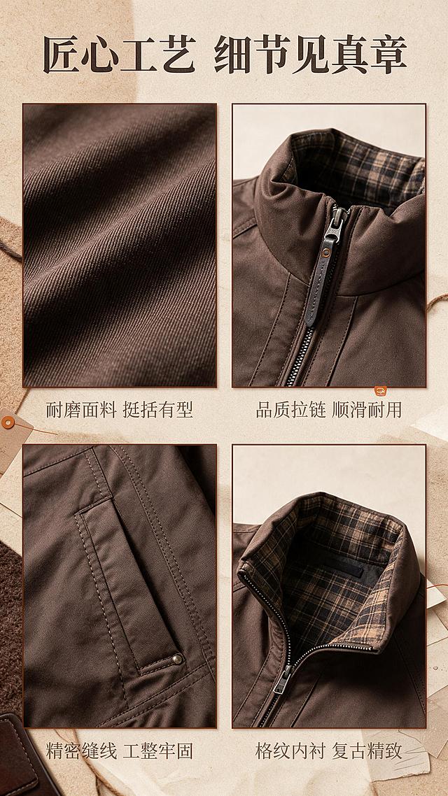 [商品] 使用【图1】男士棕色立领夹棉夹克；商品处理：保留立领、拉链、插肩袖、斜插口袋、罗纹收腰、格纹内衬、棕色面料和整体版型；自然去皱，增强面料纹理、缝线、拉链和五金质感，不改变版型和颜色。
[画面] 目标：工艺细节页，2×2宫格展示面料与工艺。构图：四宫格竖版排列，左上=面料微距纹理，右上=拉链五金特写，左下=口袋缝线细节，右下=格纹内衬翻领特写；背景为浅棕调毛毡+做旧纸张，每格有细棕边框。景别：微距/特写。阅读动线：顶部标题→四宫格从左到右从上到下。
[视觉] 套系策略：风格=复古工装高级商业摄影，美拉德棕调氛围感；标题字=粗衬线体，复古厚重；正文字=简洁无衬线体；主色=深棕/焦糖棕；背景延展=基于棕调做深浅层级、同色渐变、做旧纸张/木质/皮革质感；强调色=焦糖橘，仅用于小面积图标、引线和标签；标题色=深炭棕；正文色=暖棕灰；组件=圆角复古信息卡、细棕线引线、做旧纸张纹理；光影=左前侧暖柔光，自然投影，复古胶片质感。
[文字] 顶部主标题「匠心工艺 细节见真章」，四宫格每格下方配短标签：「耐磨面料 挺括有型」「品质拉链 顺滑耐用」「精密缝线 工整牢固」「格纹内衬 复古精致」。文字横排，字号适中手机端可读。
[规格] 图片比例9:16竖版，分辨率2K，避免变形、错字、文字过小、冷蓝背景、面料颜色改变、白底、平台Logo水印。
