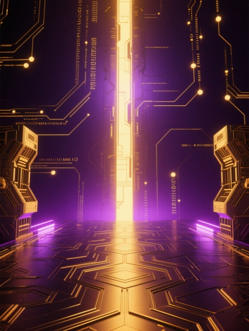 深紫色调的未来科技场景，深邃的背景中布满金色的数字电路线条和发光节点，地面是由金色几何纹路构成的科技感平台，中央有一道向上延伸的金色光效，两侧对称分布着金色的立体科技结构，整体呈现出神秘而华丽的赛博朋克氛围，光影层次丰富，光线从底部向上渐变，营造出空间纵深感和科技感。预览效果