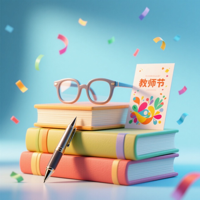 堆叠的书本、钢笔、眼镜、教师节贺卡。空中有散落的小彩带，浅蓝色渐变背景。预览效果