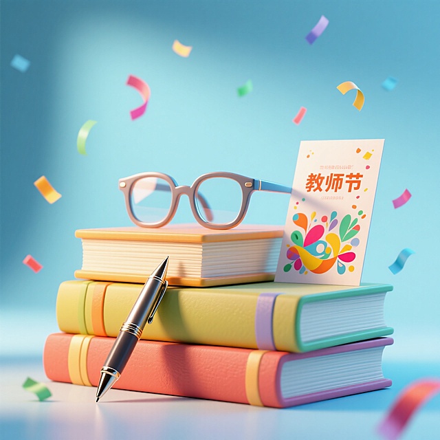 堆叠的书本、钢笔、眼镜、教师节贺卡。空中有散落的小彩带，浅蓝色渐变背景。