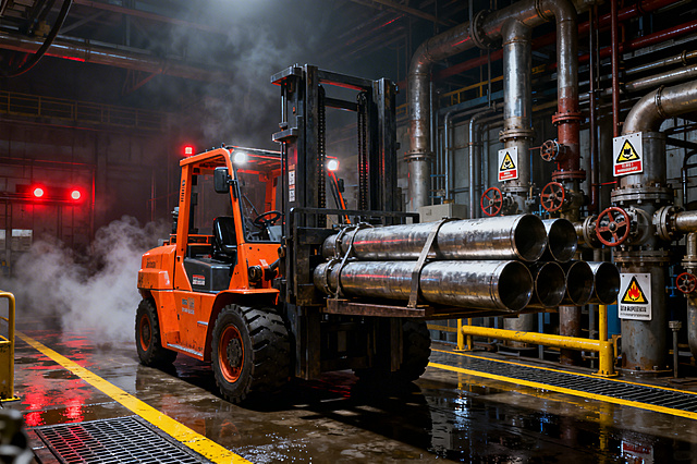 Inside a hazardous industrial workshop, a bright orange explosion-proof forklift is transporting heavy metallic oil pipes, factory interior filled with complex pipelines and valves, yellow safety lines and anti-slip grates on the wet floor, red danger warning lights in the background, thick industrial atmosphere with steam and haze, dramatic cinematic lighting with strong shadows, close-up shot, safety tags with skull and flame symbols visible, hyper-realistic, intricate mechanical details, photorealistic, Unreal Engine 5 render style, wide angle, tension atmosphere.