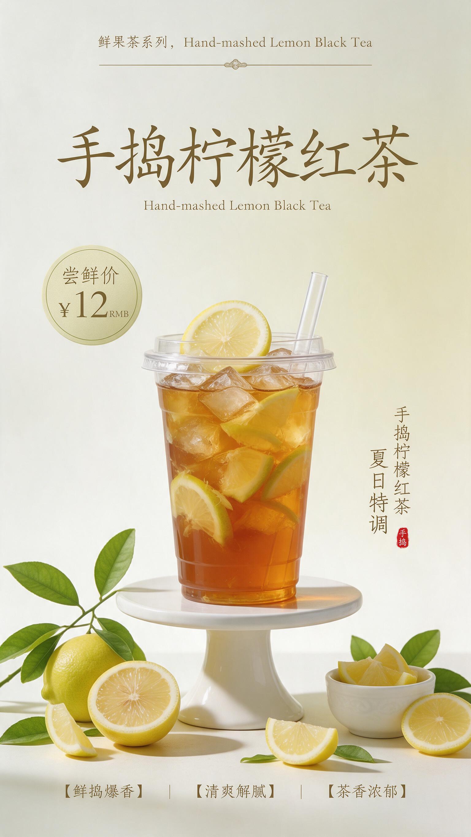 商业饮品摄影海报，主题手捣柠檬红茶，整体调性清爽明亮、简约治愈… - 图片创意预览