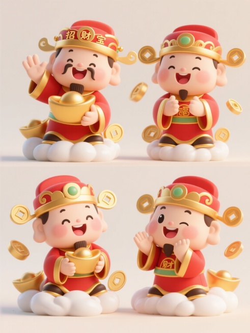 3D风格，Q版卡通财神形象，上下两行对齐排列共四个不同动作表情的财神，均身着红色镶金边传统服饰，头戴金色「招财进宝」帽，脚踩白色云朵，周围点缀金色元宝和祥云装饰，整体采用圆润造型，明亮柔和的色彩搭配，高光阴影过渡自然，具有细腻的材质质感，浅色背景，无文字信息，每个财神姿态各异（如挥手、抱元宝、拱手作揖、微笑托腮），表情生动（开心大笑、眯眼微笑、俏皮眨眼、慈祥温和），保持统一的可爱萌系风格和视觉……预览效果