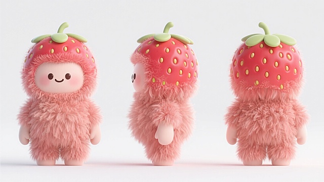 3D卡通风格，拟人化草莓角色，毛发生长设计，可爱感十足。