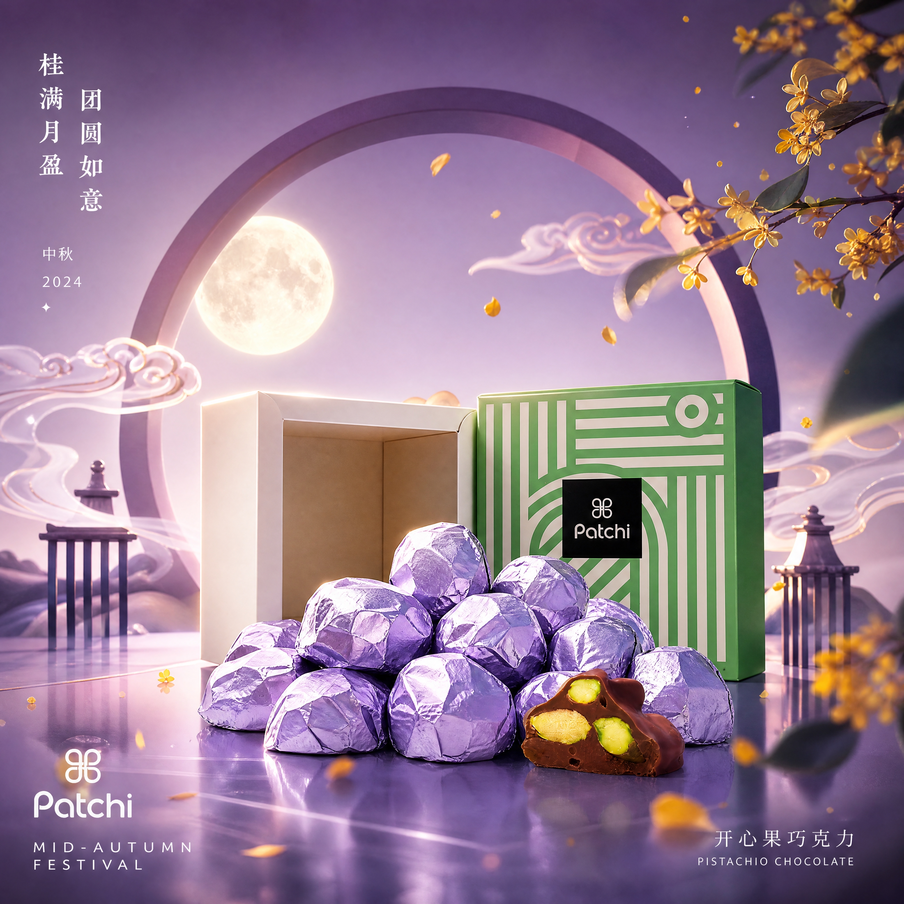 以参考图中的Patchi巧克力礼盒及紫色锡纸包装开心果巧克力为… - 图片创意预览