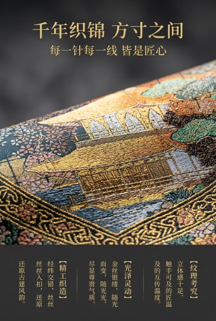 电商详情图设计，严格还原上传产品图的金阁寺图案和织锦纹理细节，产品尺寸比例保持1:1，整体东方轻奢杂志风，中文用精致衬线字体，排版精致高级。主标题居画面顶部：「千年织锦 方寸之间」，副标题居主标题正下预览效果