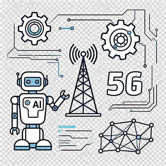 风格: 线条图，平视视角。元素: 包含AI、科技、5G、网络等科技感元素。格式: PNG格式，透明背景。