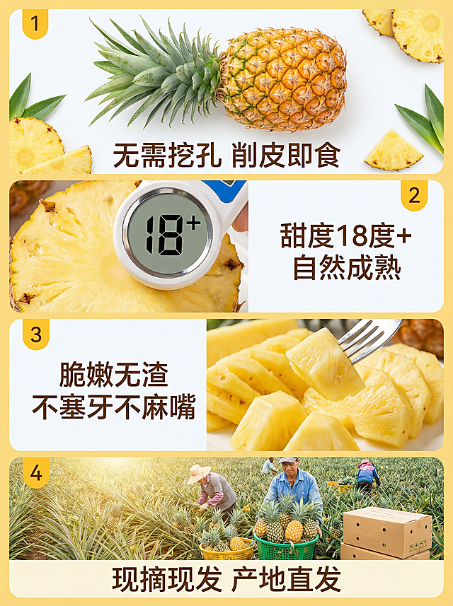 海南金钻凤梨核心卖点展示，四个核心优点分开展示，从上到下竖向排列。整体明亮干净，暖黄清新水果风格。第一个卖点配新鲜凤梨整体图，文字说明：无需挖孔 削皮即食；第二个卖点配糖度仪测试图，文字说明：甜度18度+ 自然成熟；第三个卖点配切好果肉特写，文字说明：脆嫩无渣 不塞牙不麻嘴；第四个卖点配果园产地图，文字说明：现摘现发 产地直发。每个卖点图片配文字，文字清晰，图片展示卖点，整体风格统一，适合商品详情页。