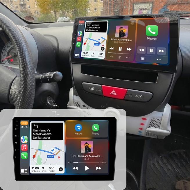 1. 将原车机中控屏幕界面替换为真实带导航的三分屏carplay UI；2. 保留原真实街道驾驶场景背景；3. 提取包含左侧按键和屏幕质感的完整车机中控屏幕界面，单独抠出放大清晰展示；4. 将抠出放大预览效果
