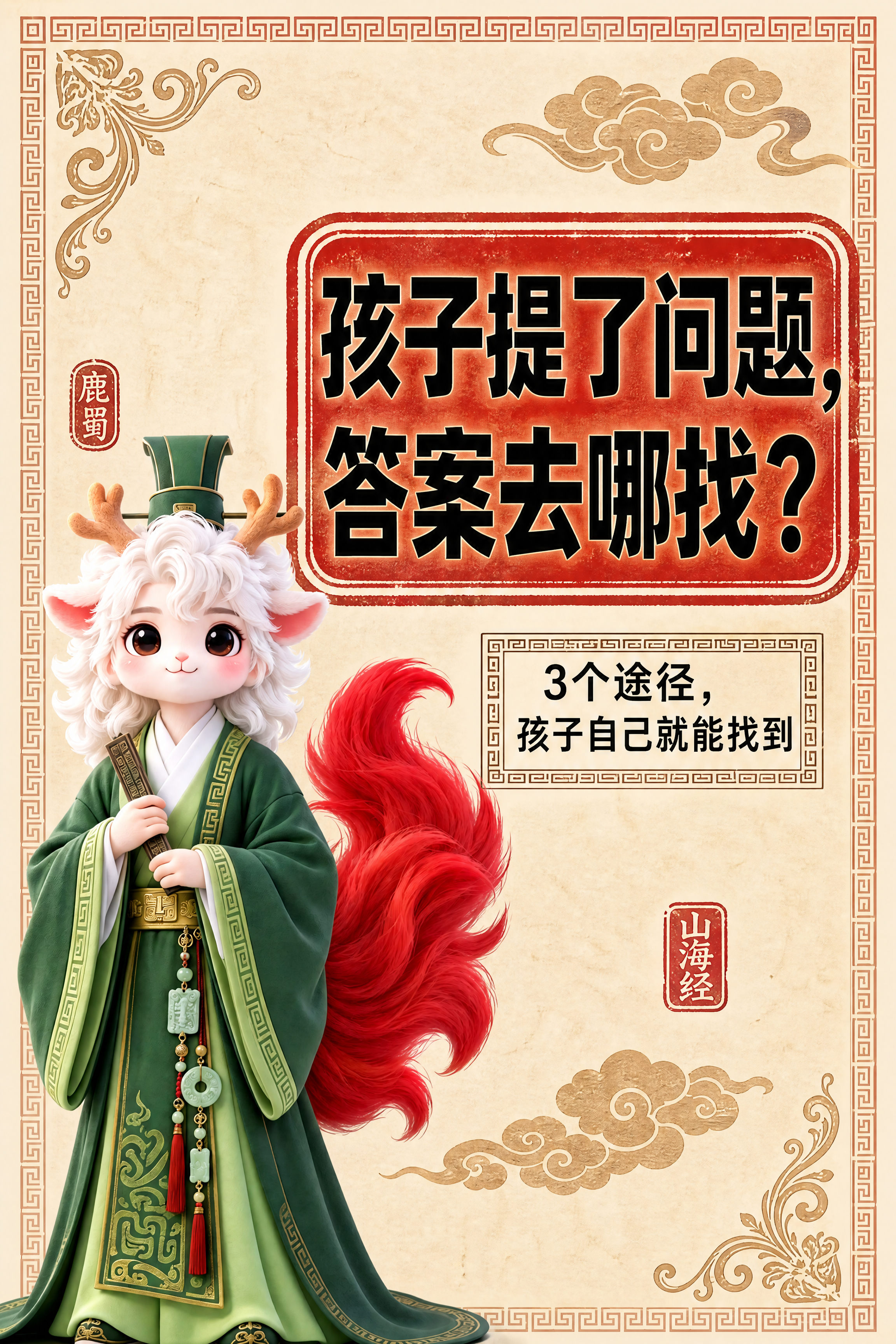 小红书笔记大字封面，配图大字，国风山海经风格，与之前鹿蜀小神兽… - 图片创意预览