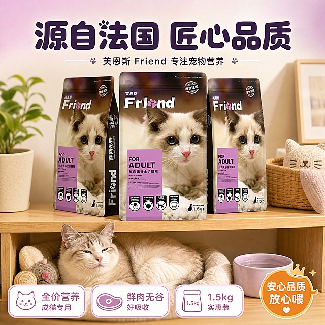 [主图-6] 品牌信任与复购收口图，任务是用品牌背书和生活化囤货场景做信任收尾，强化「源自法国 安心品质」的品牌印象，促进下单。
[统一基调] 淘宝宠物食品电商主图，专业品质又亲和软萌；主背景为柔和暖米色+淡粉紫渐变（与首图同色系），辅助色为白色和浅粉紫，强调色为深紫与暖橙；标题用圆润饱满的可爱圆体字，说明文字用清爽无衬线圆体；圆角白色卡片、线性可爱图标贯穿整套；产品外观、结构、颜色、文字与输入图完全一致。
[画面] 画面是温馨的居家宠物角场景，浅木色置物架上整齐摆放着3袋芙恩斯Friend猫粮（囤货感），中间一袋正面朝前，两侧略侧转，占画面中心约50%。置物架下层有一只慵懒的成年猫咪蜷卧着，半眯眼很满足的样子，旁边有猫玩具和水碗。顶部大标题「源自法国 匠心品质」，下方小字「芙恩斯 Friend 专注宠物营养」。画面底部三个圆角信任标签并排：「全价营养 成猫专用」「鲜肉无谷 好吸收」「1.5kg 实惠装」。右下角一个小徽章样式：「安心品质 放心喂」。
[光影质感] 温暖的室内柔光，产品袋身排列整齐有立体感，猫咪毛发柔软，场景有生活气息但干净整洁，商业摄影质感。
[配色] 主背景暖米色淡粉紫渐变；标题字深紫色；标签白色浅粉紫边；徽章暖橙色；整体保持同一主色家族，不换色。
[文字版式] 顶部大标题圆润粗圆体；标签文字中号圆体；徽章文字白色加粗；文字放在负空间，不遮挡产品和猫咪。
[输出要求] 1:1正方形，1440x1440，产品清晰，场景温馨有信任感；禁止变形、错字、模糊、杂乱、水印、平台Logo、绝对化用语、虚假认证标识。