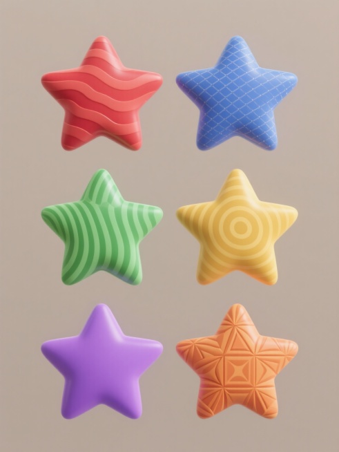 一组6个系列化设计的软3D风格五角星图标，每个五角星保持相同的立体形态和几何结构，具有光滑的表面和柔和的明暗过渡，背景为纯色且每个五角星对应不同的整体色彩（如红色、蓝色、绿色、黄色、紫色、橙色），所有五角星规整排布形成集合，每个星星表面装饰有完全不同的独特纹路（如波浪纹、网格纹、点状纹、条纹、螺旋纹、几何图案），整体呈现简洁现代的设计感。预览效果