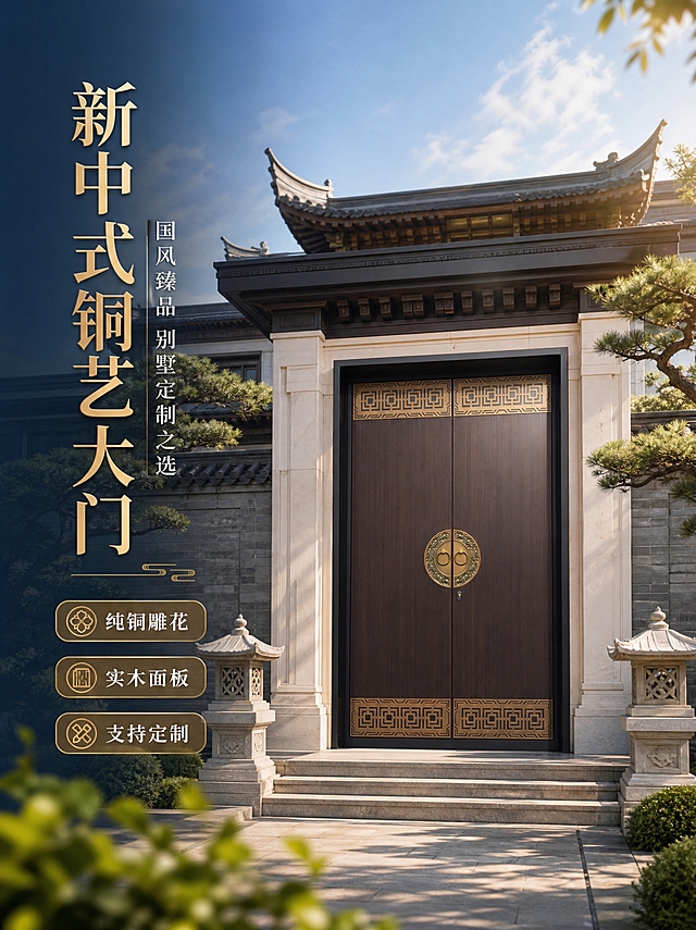 [商品] 使用【图1】新中式铜艺别墅双开门；保留深棕色实木面板、下部古铜色回纹雕花、双开结构、门体厚度比例、铜饰金属光泽和木纹肌理；清理原图工厂背景杂物，保留门体原貌不变形、不改色、不缺件。
[画面] 页面目标：专业头图，建立高端大气的新中式国风第一印象。整屋效果型版式，大门安装在新中式独栋别墅正门口，门前有石阶、对称中式石灯笼和迎客松，两侧青砖墙，远处飞檐翘角屋顶，天空晴朗柔和阳光。大门占画面中心60%，正面微仰视，宏伟气派。左侧留白放主副标题和3个短卖点标签。前景有少量绿植虚化，中景大门主体，后景别墅建筑和天空。
[视觉] 套系策略：风格=高端新中式国风商业摄影；标题字=大气宋体衬线粗体；正文字=简洁宋体正文；主色=深灰蓝；背景延展=基于深灰蓝做深浅层级渐变、同色系天空和建筑暗部；强调色=古铜金，仅用于标题、图标、引线和标签；标题色=古铜金色；正文色=米白色；组件=细铜金色圆角边框卡片、铜金色图标引线；光影=右前侧暖自然光，铜饰有金属高光，木纹有自然明暗，地面有真实投影。
[文字] 左侧竖排区域主标题"新中式铜艺大门"8字，副标题"国风臻品 别墅定制之选"10字，下方3个短卖点标签："纯铜雕花"、"实木面板"、"支持定制"，每个标签用铜金色圆角底白字。文字均在左侧负空间，不遮挡大门主体。所有文字横排。
[规格] 图片比例3:4竖版，4K分辨率，避免变形、错字、文字过小、门体颜色改变、结构失真、悬浮感、工厂背景残留、水印、平台Logo。
