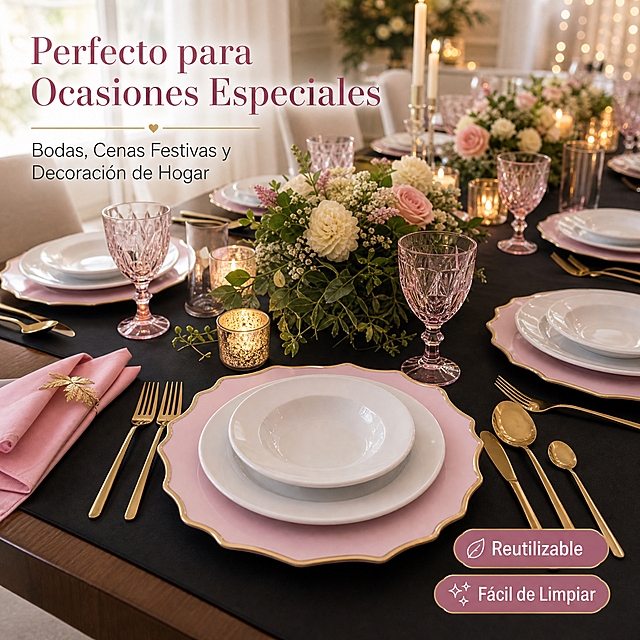 [第5张] 产品使用场景图 - Escena de Mesa Elegante para Banquete。本张使用【图4】作为长桌宴会场景参考，【图5】作为单盘布置参考。
[氛围/风格] 优雅宴会场景感，温馨烛光氛围，跨境电商场景展示页质感。
[元素布局] 精致长餐桌场景，黑色桌旗，粉色金边装饰盘作为底盘搭配白色餐盘、金色餐具和粉色玻璃杯；中央有花艺装饰和蜡烛；背景是柔和的餐厅/宴会厅环境，白色窗帘透进自然光；多个粉金装饰盘整齐摆放，体现宴会布置效果；盘子粉色盘面、金色波浪边缘与输入图一致。
[光影质感] 暖黄烛光+自然光为主光源，柔和侧光补充，桌面有柔和投影，整体温暖浪漫，金边反光自然。
[配色色系] 全局底色 深色木桌 + 暖光环境；主色粉色+金色产品；辅助色金色餐具、粉色玻璃杯、绿色花艺点缀。
[视角构图] 微俯视45°角，餐桌布置为画面中心，阅读动线从整体场景 → 盘子主体 → 右下角文案。
[文字版式] 全部西班牙语。左上主标题「Perfecto para Ocasiones Especiales」；副标题「Bodas, Cenas Festivas y Decoración de Hogar」；右下角两个小卖点标签：「Reutilizable」「Fácil de Limpiar」；文字不遮挡产品。
[负向提示词] 盘子变形，场景违和，文字错乱，颜色偏差，水印，中文字符，人物面部。