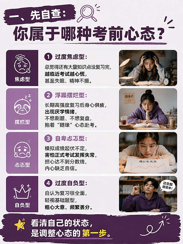 生成小红书风格图文海报，主色调#593961, 图片写实，比例3:4，内容为：一、先自查：你属于哪种考前心态？
1. 过度焦虑型：总觉得还有大量知识点没复习完，越临近考试越心慌，甚至失眠、精神不振。
2. 浮躁摆烂型：长期高强度复习后身心俱疲，出现厌学情绪，不想刷题、不想复盘，抱着“随缘”心态赴考。
3. 自卑忐忑型：模拟成绩起伏不定，害怕正式考试发挥失常，担心达不到分数线，内心缺乏自信。
4. 过度自负型：自认为复习很全面，轻视基础题型，粗心大意、频繁丢分。
结尾强调：看清自己的状态，是调整心态的第一步。排版清晰，每类心态用图标/色块区分，关键特征加粗，适合小红书传播