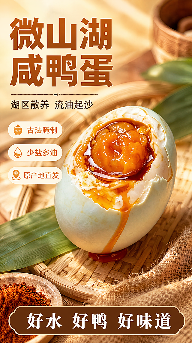[第1屏] 详情页头图-微山湖咸鸭蛋主视觉海报。本屏使用【图1】作为商品主体，保留流油咸鸭蛋的外观、蛋壳颜色、蛋黄流沙质感与输入图一致。
[氛围/风格] 暖调食欲风，家常烟火气，商业摄影质感，抖音/快手竖屏海报感。
[元素布局] 咸鸭蛋置于画面中下偏右，占比约65%，蛋壳剥开露出饱满流油的橙红色蛋黄，油光透亮；左上为标题区，底部铺浅木色竹编台面；台面点缀少许粽叶、红泥小堆和粗麻布；背景虚化暖黄色光晕。
[光影质感] 左上方45°柔光主光，右下自然投影，蛋黄表面高光透亮，油滴反光清晰，整体温暖明亮有食欲。
[配色色系] 全局底色 #FFF5E6（暖米黄）；主色橙棕色 #D97706；辅助色深棕 #78350F、米白 #FFFBEB。
[视角构图] 45°斜侧微俯视，产品为视觉中心，阅读动线左上标题→中部产品→底部信息条。
[文字版式] 左上大标题「微山湖咸鸭蛋」，温润粗黑体，橙棕色；副标题「湖区散养 流油起沙」，深棕色小一号；标题下方3个圆角胶囊卖点「古法腌制」「少盐多油」「原产地直发」，白底橙字；底部横条信息「好水 好鸭 好味道」，深棕底白字。文字不遮挡蛋黄主体。
[比例分辨率] 9:16竖版比例，4K分辨率，文字清晰可辨，高清画质。
[负向提示词] 蛋壳变形，蛋黄颜色偏差，缺件错件，水印，文字错乱，产品图模糊，背景杂乱，文字过小。