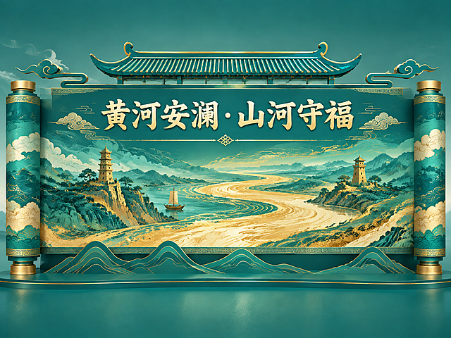 参考图的版式骨架与新中式国风氛围，生成一张黄河文化主题的横版背景板。画面顶部为中式飞檐屋顶造型，青绿色底色配金色描边。中央主视觉区域为展开的卷轴造型，卷轴内是青绿鎏金风格的黄河水纹图案，河水蜿蜒流淌，带有金色纹理和波光质感，点缀古塔、小舟等黄河文化符号。卷轴两侧有祥云纹样装饰，金色与青绿色搭配。画面正中央上方主标题文字为"黄河安澜·山河守福"，字体为大气的书法宋体，金色描边，字号醒目。画面底部为层叠的青绿山水剪影造型，金色线条勾勒山峦轮廓。整体配色以孔雀石青绿色为主色调，搭配鎏金、米白点缀，呈现庄重典雅的新中式国风质感。画面为纯净的背景板设计，无人物、无多余道具，突出黄河主题与文化仪式感。四周保留安全边距，排版精美，层次分明。画面中所有信息区域必须填充完整合理的内容，不得出现空白框或占位。