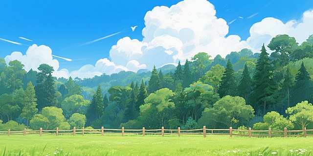 清新插画风，虚拟自然景观，蓝天白云下绿意盎然，营造宁静夏日氛围。