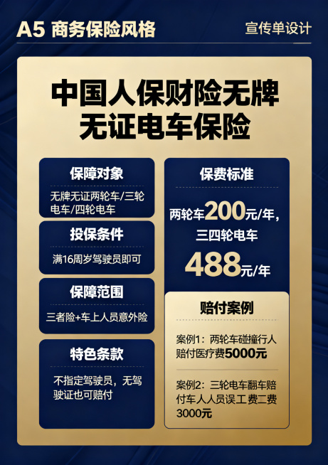 我想做一份人保财险针对无牌无证的两轮车，三轮电车，四轮电车宣传单，要求a5纸，内容包括满16周岁驾驶员即可赔付，保险包含三者险和车上人员意外险，不指定驾驶员，两轮车200元，三四轮电车488元，有赔付预览效果