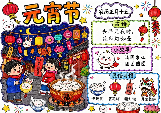 A4横版297:210，纯白色背景，小学生马克笔手绘风格，彩虹糖果色配黑色粗边描线，白纸真人手绘效果，笔触痕迹明显，线条稚嫩歪扭有小学生手绘特点，简单好画，插画大文字少，版式精美，无水印无二维码。
顶部大标题"元宵节"，橙黄渐变艺术字，旁边云朵框写"农历正月十五"。
画面左侧超大主插画：夜晚街上挂满各种形状的花灯，小朋友提着兔子灯猜灯谜，锅里煮着白白胖胖的汤圆。
右上小框标题"古诗"，写"去年元夜时，花市灯如昼"。
右中小框标题"小故事"，画一只可爱的汤圆精灵小插画，旁边写"汤圆象征团团圆圆"。
右下小框标题"民俗习惯"，画汤圆、花灯、灯谜的小插画，旁边写"吃汤圆 赏花灯 猜灯谜 舞龙舞狮"。
周围点缀花灯、汤圆、星星、烟花装饰。
画面中必须完整呈现文字："元宵节"、"农历正月十五"、"古诗"、"去年元夜时，花市灯如昼"、"小故事"、"汤圆象征团团圆圆"、"民俗习惯"、"吃汤圆 赏花灯 猜灯谜 舞龙舞狮"。所有文字必须清晰可读。
画面中所有信息区域必须填充完整合理的内容，不得出现空白框、空白占位、横线待填写区域。