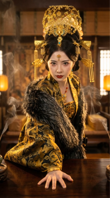 女主先随后绕过红木桌子的边缘，从侧方步入大殿中央。她避开了前方的桌子，步伐稳健，最终来到手下身旁并排站立。镜头平滑拉远，始终保持桌子与人物的正确空间位置，严禁穿过桌子。预览效果